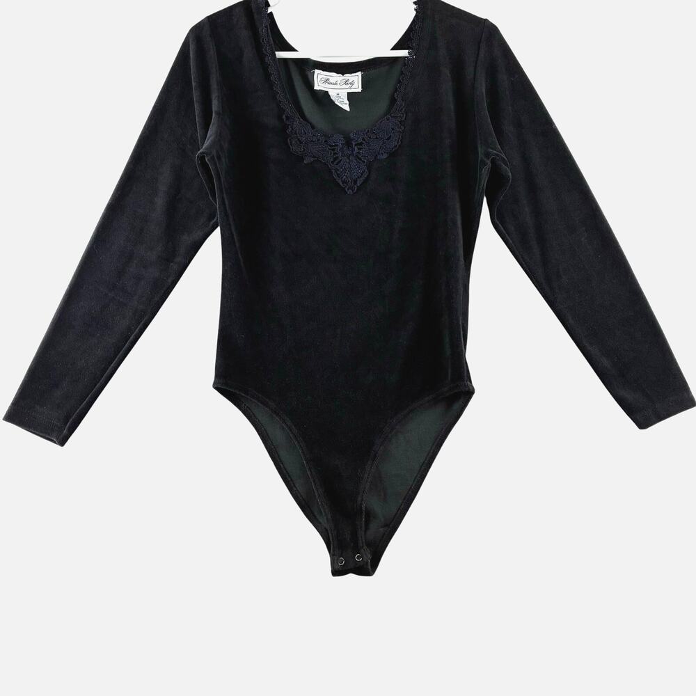 Vtg Black Velvet Bodysuit M Crochet Lace Vampire Witchy Whimsigoth Dark Romantic